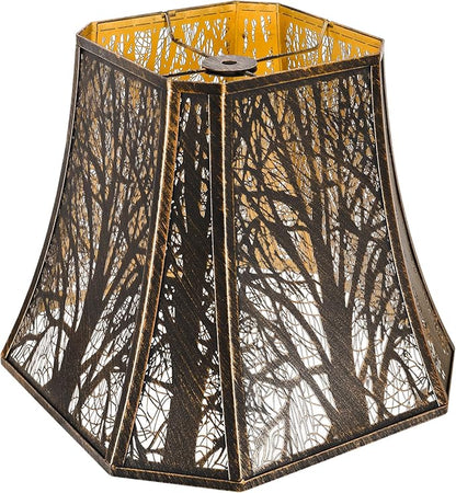 Square Cut Corner Metal Lamp Shades, 7" Top x 12" Bottom x 10.5" High Medium Bell Lampshade (Spider Fitter), Etched Forest Lampshades for Table Lamps and Floor Lamps, Bronze Gold Tree Pattern