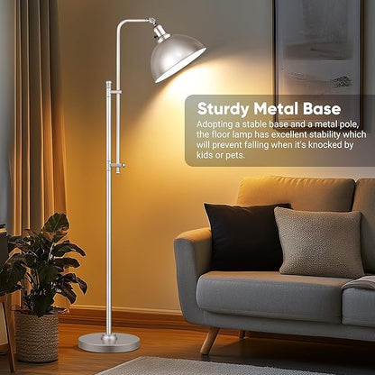 PARTPHONER Industrial Floor Lamp Adjustable, Farmhouse Reading Lamp in Silver Finish Modern Standing Lamp with Remote Control Metal Shade for Living Room Bedroom Study Room Office Hotel