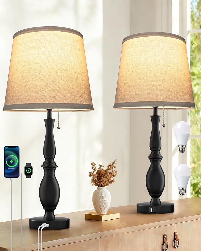 EppieBasic Farmhouse Lamps for Living Room Set of 2: Rustic Lamp 22'' for Night Stands, Vintage Table Lamp with USB C+A Charging Ports, Bedroom Lamps with Round Fabric Linen Lampshade, 3-Way Dimmable