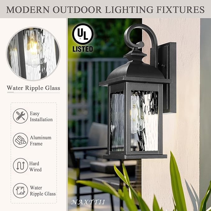 Outdoor Wall Lights 15 Inch Waterproof Porch Lights Outdoor Matte Black Outside Light Fixtures for House with Water Ripple Glass E26 Socket 2 Pack