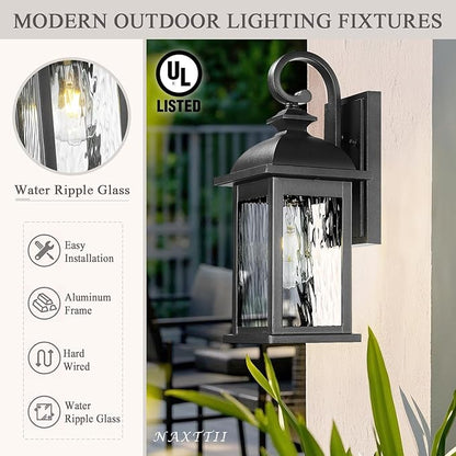 Outdoor Wall Lights 15 Inch Waterproof Porch Lights Outdoor Matte Black Outside Light Fixtures for House with Water Ripple Glass E26 Socket 2 Pack