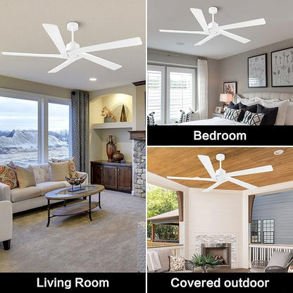 WINGBO 54 Inch DC Ceiling Fan without Lights, 5 Reversible Carved Solid Wood Blades, 6-Speed Noiseless DC Motor, Modern Ceiling Fan No Light for Bedroom Living Room Kitchen, White
