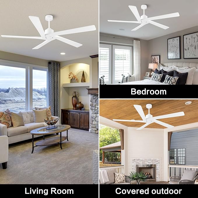 WINGBO 64" DC Ceiling Fan No Lights, 5 Carved Solid Wood Blades, 6-Speed Reversible DC Motor, Brass Finish Ceiling Fan without Lights, White