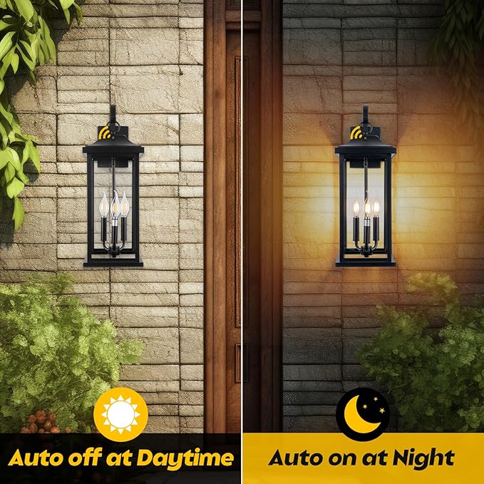 2-Pack Dusk to Dawn Outdoor Lighting 23 Inch Extra Large, 3-Light Modern Black Outdoor Wall Lights Exterior Lighting Fixtures, IP65 Waterproof Outdoor Lanterns Photocell Sensor, E12