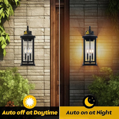 2-Pack Dusk to Dawn Outdoor Lighting 23 Inch Extra Large, 3-Light Modern Black Outdoor Wall Lights Exterior Lighting Fixtures, IP65 Waterproof Outdoor Lanterns Photocell Sensor, E12