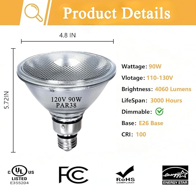 Par38 Halogen Flood Light Bulb 120V 90W, Dimmable PAR38 90W Light Bulbs, E26 Medium Base, Warm White, High Output Reflector Flood Lights for Indoor, 8 Pcs