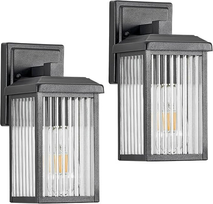 Refice 2-Pack Outdoor Wall Light Fixtures,Waterproof Outdoor Wall Lantern,Wall Mount Exterior Porch Lights, Textured Glass Outside Lights for Patio, Garage, Doorway, Front Door, Black