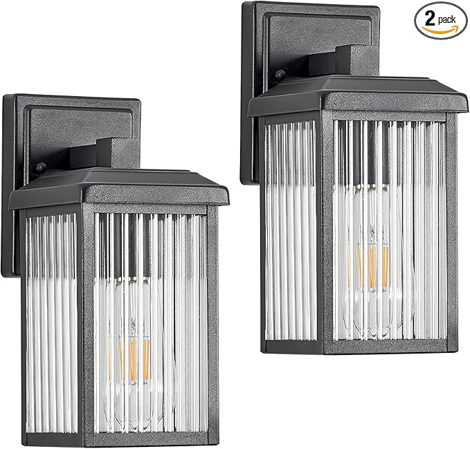 Refice 2-Pack Outdoor Wall Light Fixtures,Waterproof Outdoor Wall Lantern,Wall Mount Exterior Porch Lights, Textured Glass Outside Lights for Patio, Garage, Doorway, Front Door, Black