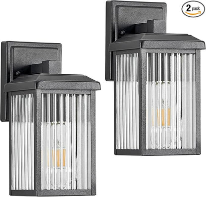Refice 2-Pack Outdoor Wall Light Fixtures,Waterproof Outdoor Wall Lantern,Wall Mount Exterior Porch Lights, Textured Glass Outside Lights for Patio, Garage, Doorway, Front Door, Black