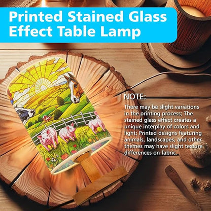 Farm Animals Table Lamp LED 3-Color Pressed Bedside, Farm Animals Shade Lamp with Wood Base for Bedroom Living Room Desk Office TL01