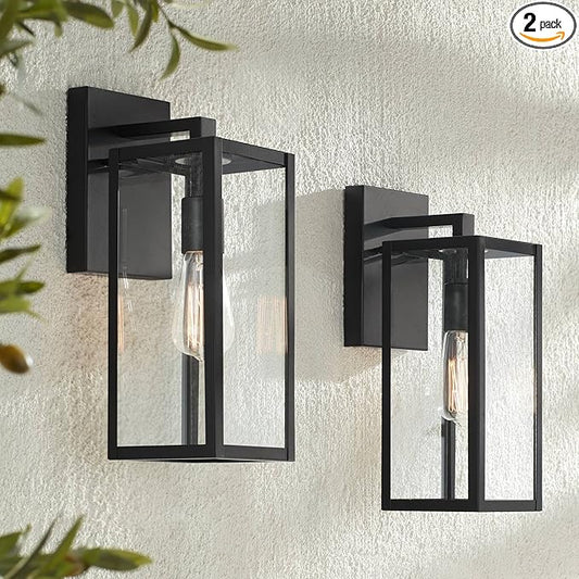 John Timberland Titan Modern Industrial Outdoor Wall Lights Fixtures Set of 2 Mystic Black Metal Damp Rated 14" Clear Glass Exterior House Porch Patio Outside Deck Garage Yard Front Door Home