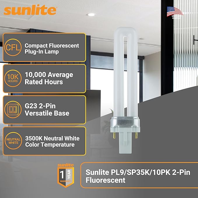 Sunlite Compact Fluorescent PL 2-Pin Single U-Shaped Twin Tube, 9 Watts, 120 Volts, 530 Lumens, 3500K Neutral White, 2-Pin G23 Base, 10 Pack