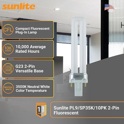 Sunlite Compact Fluorescent PL 2-Pin Single U-Shaped Twin Tube, 9 Watts, 120 Volts, 530 Lumens, 3500K Neutral White, 2-Pin G23 Base, 10 Pack