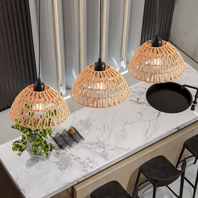 3 Pack Woven Pendant Light Fixtures,10.2" Brown Rattan Pendant Lights Farmhouse Basket Light Fixture Adjustable Boho Hanging Lamp for Kitchen Island Bedroom Dining Room Foyer Hallway