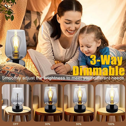 INVGOOD 3 Way Dimmable Touch Bedside Table Lamp, Black Glass Small Desk Lamp with Three Charging Ports for Bedroom Living Room Nightstand, 800LM LED Warm White Bulb Included