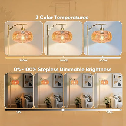 Glass Floor Lamp for Living Room with Amber Glass Lampshade, Dimmable Modern Standing Lamp with 12W LED Bulb, Remote Control Tall Lamp for Bedroom