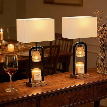 PoKat Table Lamps with Candle Warmer & Timer for Bedroom, Farmhouse Bedside Lamps Set of 2 for Night Stands, 21.5'' Bedroom Lamps Decor for Living Room, Dinning, Hallway, Bulbs Included, Black