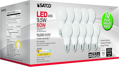 Satco S11410 9.5-Watt A19 LED Light Bulbs, 60-Watt Replacement, 3000K Warm White, 760 Lumens, 10 Pack