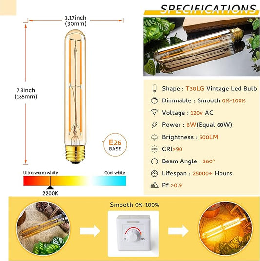 Tubular Light Bulb 7.3 Inch Dimmable T10 LED Bulb E26 6W 60 Watts Edison Bulbs Amber 2200K Warm White,185mm Long for Wall Sconces, Pendant, Livingroom, 4-Pack