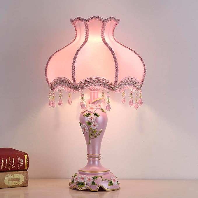 Cute Table Lamp with Fabric Lampshade, Antique Flower Decorative Bedside Desk Nightstand Lamp, Handmade Night Light for Bedroom Living Room (Pink)