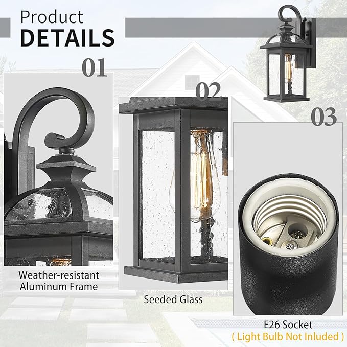 Darkaway Dusk to Dawn Outdoor Lights Fixture Wall Mount, Exterior Wall Light with Seeded Glass Waterproof Black Outside Wall Sconce for House Porch Hallway Garage