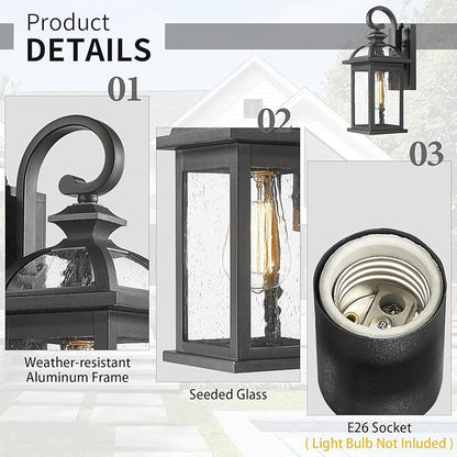 Darkaway Dusk to Dawn Outdoor Lights Fixture Wall Mount, Exterior Wall Light with Seeded Glass Waterproof Black Outside Wall Sconce for House Porch Hallway Garage