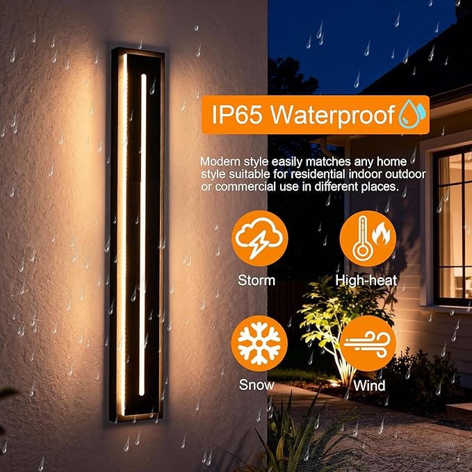VINLUZ 2 Pack Long 32inch Modern Long Acrylic Strip Exterior Lighting Fixture, Dimmable with 3000K-6000K Outdoor LED Wall Lights Waterproof IP65 Outdoor Wall Sconce
