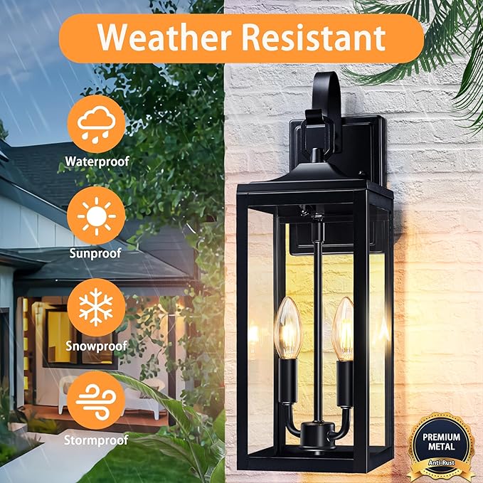 18'' Large Outdoor Light Fixture 2 Packs, Black Porch Lantern Wall Mounted, Waterproof 2-Light Exterior Lighting Fixtures with Clear Tempered Glass, Modern Sconce Outside Lights for House Patio Garage