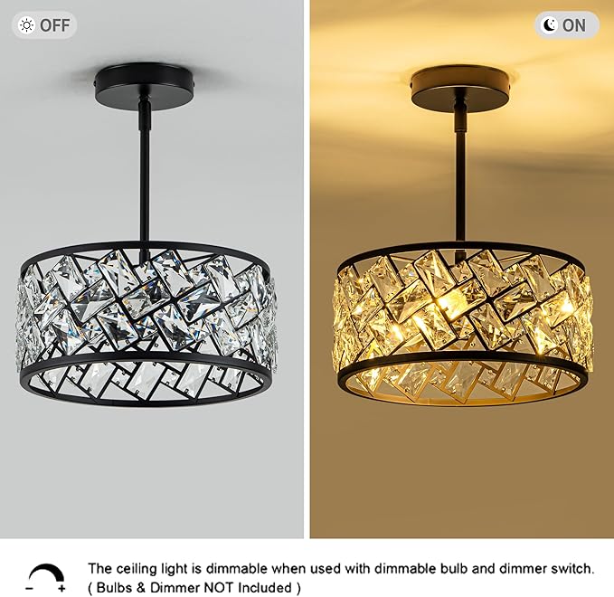 3-Light Crystal Ceiling Light Fixture, Modern Semi Flush Mount Ceiling Light, Black Crystal Chandelier for Kitchen Bedroom Bathroom Entryway Hallway