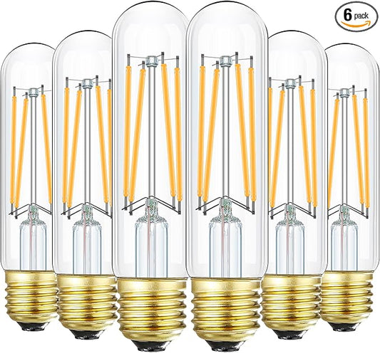 Leools Dimmable E26 Edison Bulb 8W Equal 60 watt Light Bulb AC120V Soft White 3000K Edison Light Bulbs 75 Watt 800LM Tubular T10 led Bulb for Rustic Pendant,Chandeliers,Wall sconces,Vanity 6Pack