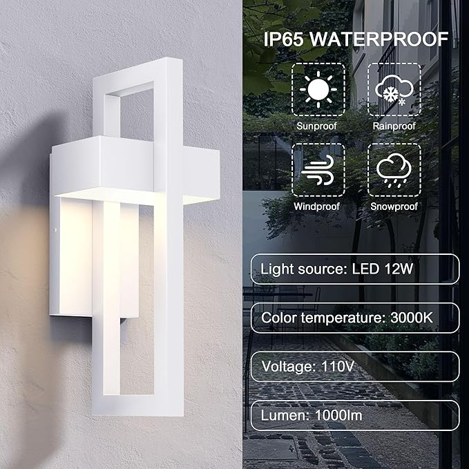LamQee Modern Outdoor Wall Lights 3000K Integrated LED Outdoor Wall Sconces Lighting, Contemporary Exterior Lighting Fixtures Outside Wall Mount Lights for House Porch Front Door Garage, Matte White