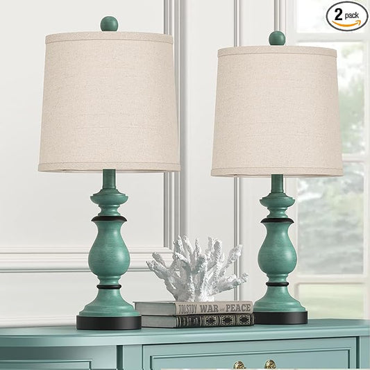 PARTPHONER Traditional Table Lamp Set of 2, Rustic Farmhouse Table Lamps for Living Room Bedroom, 22" Bedside Desk Lamps Vintage Nightstand Lamps with Linen Shades, Green
