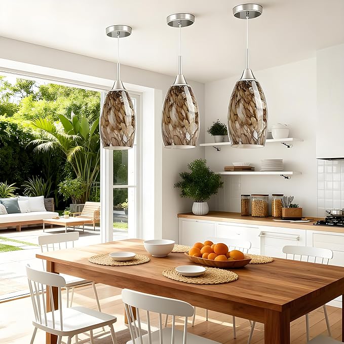 Oval Glass Pendant Lamp Shade, Glass Light Covers for Kitchen Island, Pendant Light Fixtures Replacement, 7.64x4.71" with 1.65" Fitter, Brown Hanging Ceiling Chandelier Lampshade 3 Pack