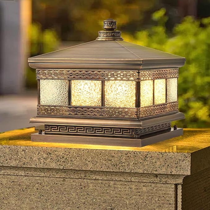 All Copper Steel Glass Outdoor Post lights, Waterproof Pillar Light, Vintage Patio Lawn Column Lamp,outdoor column lights,Deck Lights, Lantern Fence Lamp Fixture E26 Base (Diamond glass, 10X10IN)