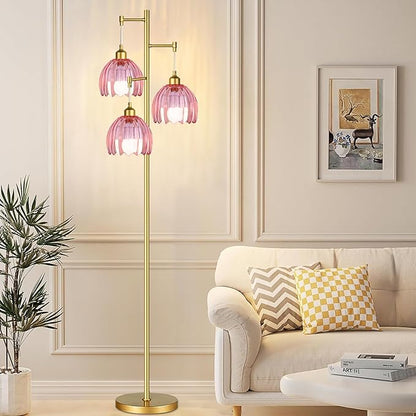 Gold Floor Lamp for Living Room Bedroom,3 Lights Vintage Tree Floor Lamps with Pink Glass Flower Shade,Mid Century Modern Floor Lamp for Corner Office,68IN Unique Tall Standing Lamp with Bulb