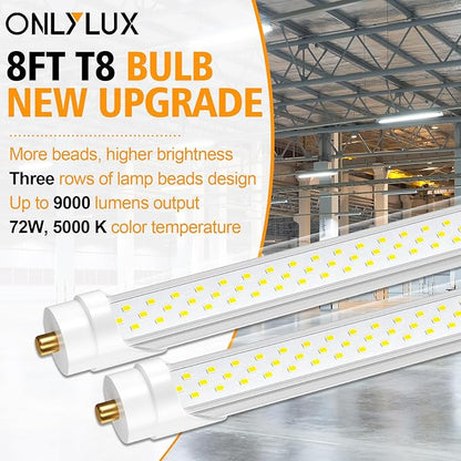 8ft Led Bulbs, T8 8 Foot Led Bulb for T12 Fluorescent Replacement, 72W 9000lm 8' Led Tubes 96" FA8 Single Pin, Three Rows of lamp Beads, 5000K led Tube Light (10Pack)