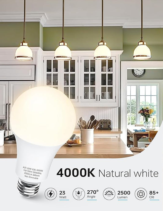 KINDEEP A21 LED Bulbs, 150-200 Watt Equivalent High Watts Bulbs, 23W Super Bright Light Bulbs E26 Base, 2500 Lumens, 4000K Natural White for Your Home Office, Store, Garage, Warehouse, Non-Dim, 6-Pack