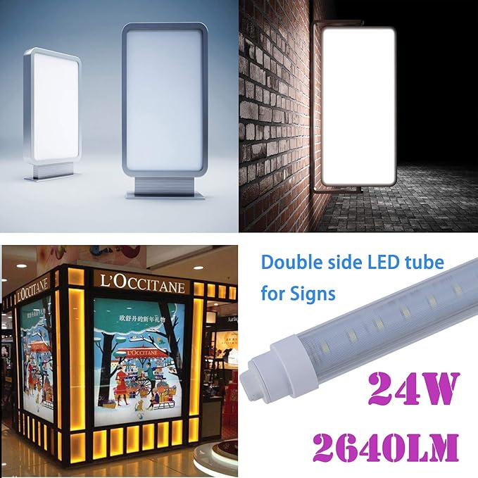 6 pack T10 4FT 24W Led Tube Light Double Sided 360° Rotatable R17D Base Double Rows Led Ballast Bypass 4 Foot Advertisement Sign Lighting 6500k Cool White Striped Cover 100-277V (4ft 24w, 6 pack)