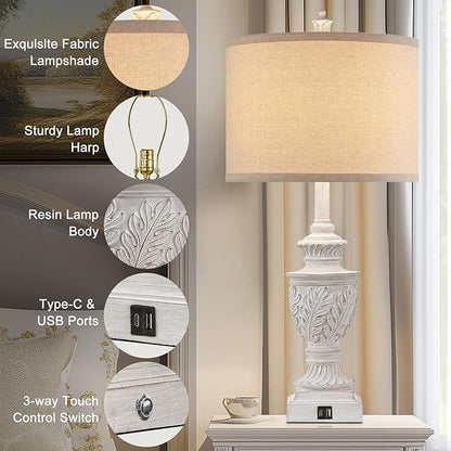 Farmhouse 3-Way Dimmable Touch Table Lamp Set of 2 for Bedroom Living Room with USB A+C Charging Ports 28" Tall Rustic Traditional Nightstand Bedside Lamps White End Table Lamp (2 Bulbs Included)