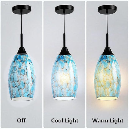 Oval Glass Lamp Shade for Pendant Lights, Blue Glass Lampshades Cover Replacement for Kitchen Island Hanging Ceiling Chandelier, 7.64x4.71" with 1.65" Fitter, Light Bulb Fixture Cover 3 Pack
