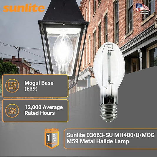 Sunlite 03663 MH400/U/MOG M59 Metal Halide Lamp, 400 Watts, Mogul Base (E39), ED37, 12,000 Hour Life Span, 36000 Lumen, Clear Finish, 4000K