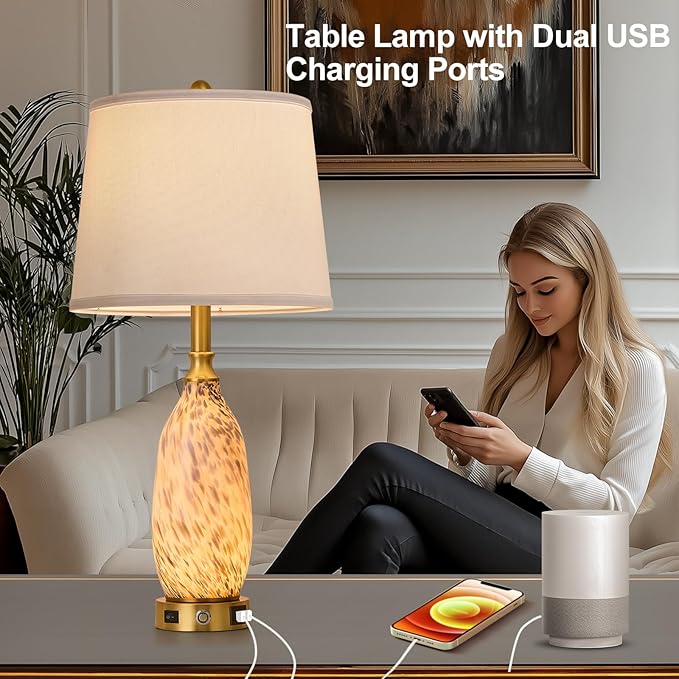 AIDENOEY 26" Modern Art Glass Table & Bedside Lamp, Stepless Dimmable Base + Dimmable 3-Color Light, USB A/C Charging Ports, Touch Control & Switch for Bedroom, Living Room, Office, Study