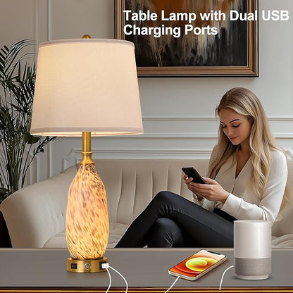 AIDENOEY 26" Modern Art Glass Table & Bedside Lamp, Stepless Dimmable Base + Dimmable 3-Color Light, USB A/C Charging Ports, Touch Control & Switch for Bedroom, Living Room, Office, Study