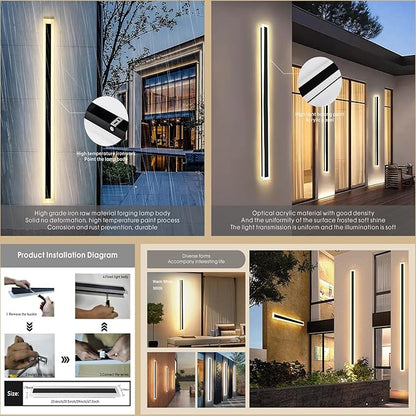 2Pack 79inch Long Outdoor Modern LED Wall Light,65W Waterproof IP65 Warm White 110V led Wall Mount Lighting Fixture Rectangular Black Wall Lights Elegant Frosted White Acrylic Anti Rust