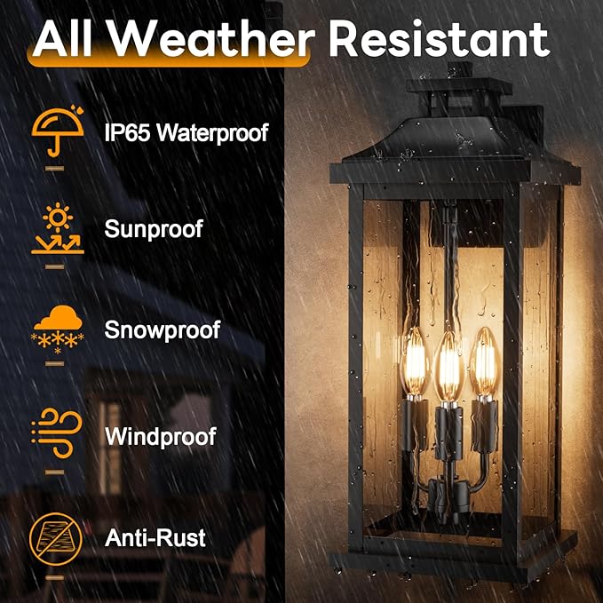 20" Large Outdoor Light Fixtures 3-Light 2 Pack, Black Outside Modern Porch Lights for House, Exterior Wall Sconce Lanterns Wall Mounted Waterproof Outdoor Coach Lamps for Garage E12