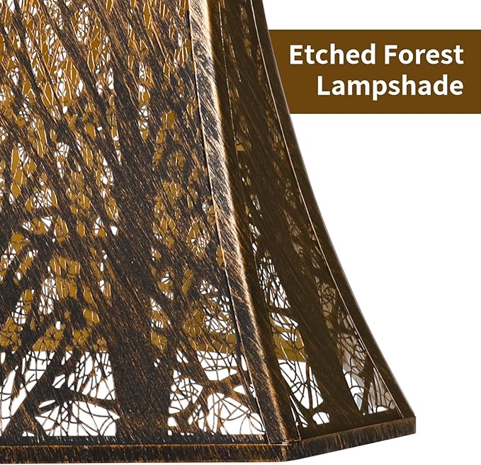 Metal Bell Lamp Shade, Large Lampshade (Spider Fitter) Square Cut Corner, Etched Forest Lamp Shades for Table Lamps and Floor Lamps, Bronze Gold Tree Pattern, 8" Top x 14" Bottom x 11" High