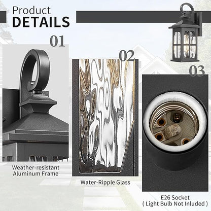 Darkaway Outdoor Light Fixtures Wall Mount, 2pcs Outside Wall Lights Exterior Lighting Fixture with Water Ripple Glass Outdoor Wall Sconce for House Porch Hallway Garage Front Door