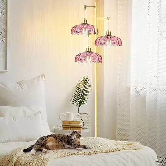 Pink Floor Lamp for Living Room,Bedroom,Gold Mid Century Modern Standing Lamp Brass Tree 3 Light Tall Floor Lamps Vintage Retro Floor Lights Glass Flower Lamp Shade Farmhouse Boho Bohemian