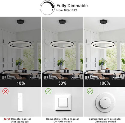 Modern Black Led Pendant Light,24W Dimmable LED Chandelier Lighting Fixture, 1 Ring Circular Hanging Led Pendant Lighting for Living Room Dining Room Kitchen Island Foyer Office