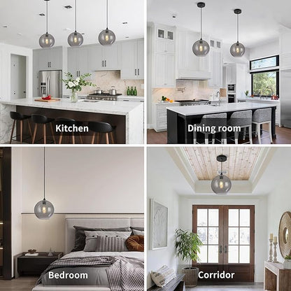 Grey Glass Pendant Lights Kitchen Island Lighting Modern Globe Pendant Light Fixtures Modern Pendant Lights for Kitchen Island Bedroom Living Dining Room Light Fixture-9.8inch,2Pack